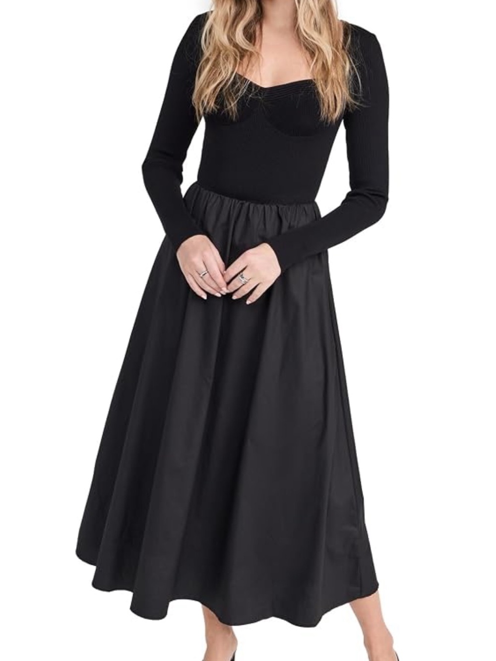 Moon River Black Mixed Media Midi Dress